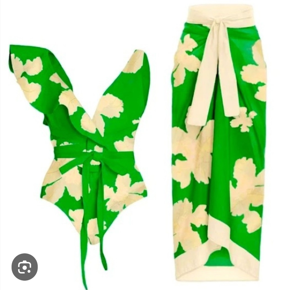 Ruffle Green and Cream Floral Swimsuit Set